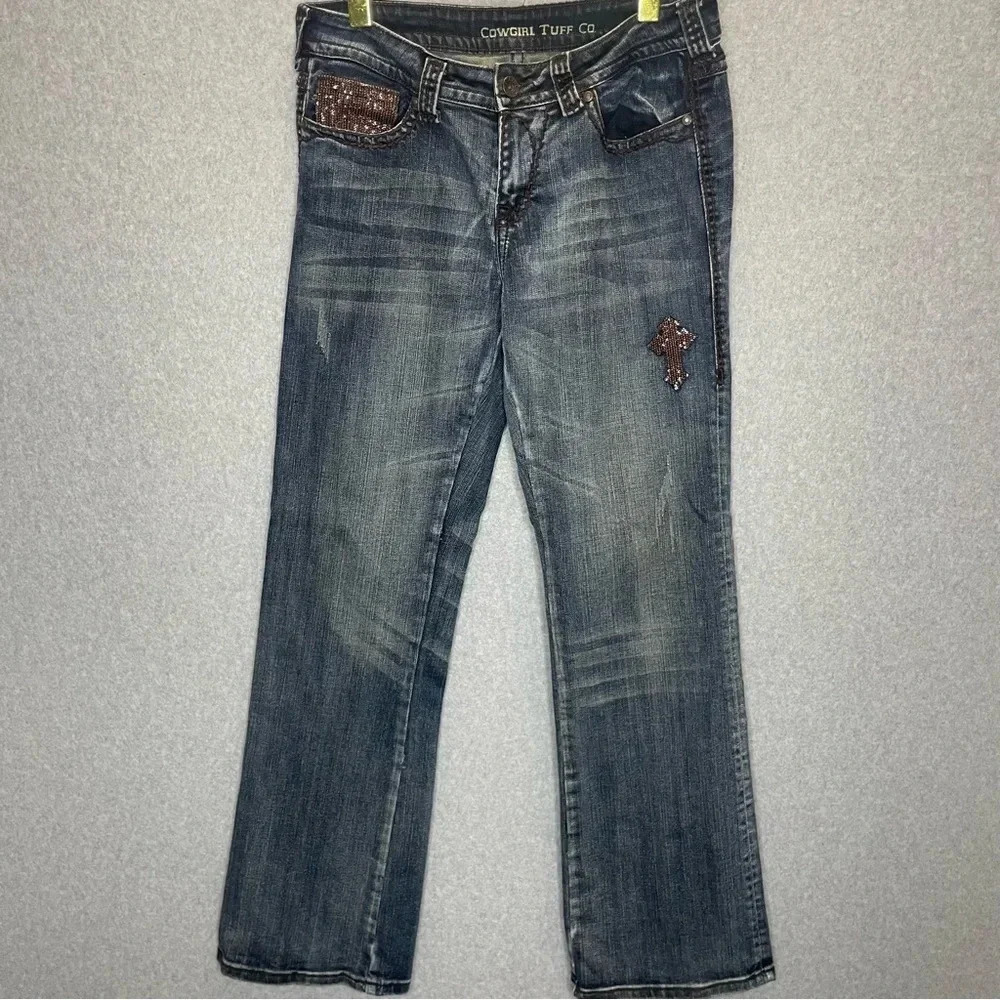 Cowgirl Tuff Cross Sequin Embellished Mid-Rise Straight Leg Jeans